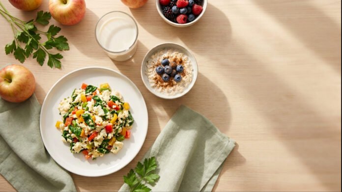Kidney-friendly breakfast plate with egg white scramble, berries, and oats for adults over 60