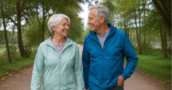 Adult in their 60s mid-stride on an outdoor walking path, everyday clothing, natural daylight — conveys capability, not frailty.